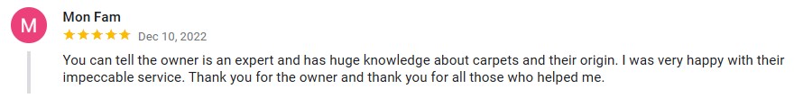 Commentaire 5 étoiles d'un client satisfait, notamment par les connaisances du propriétaire et par son service à la clientèle.